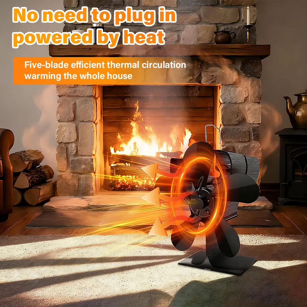 Eco Quiet Black 5-Blade Heat Powered Stove Fan, Efficient Heat Distribution Log Wood Burner & Fireplace Fan, Winter Home Warmer
