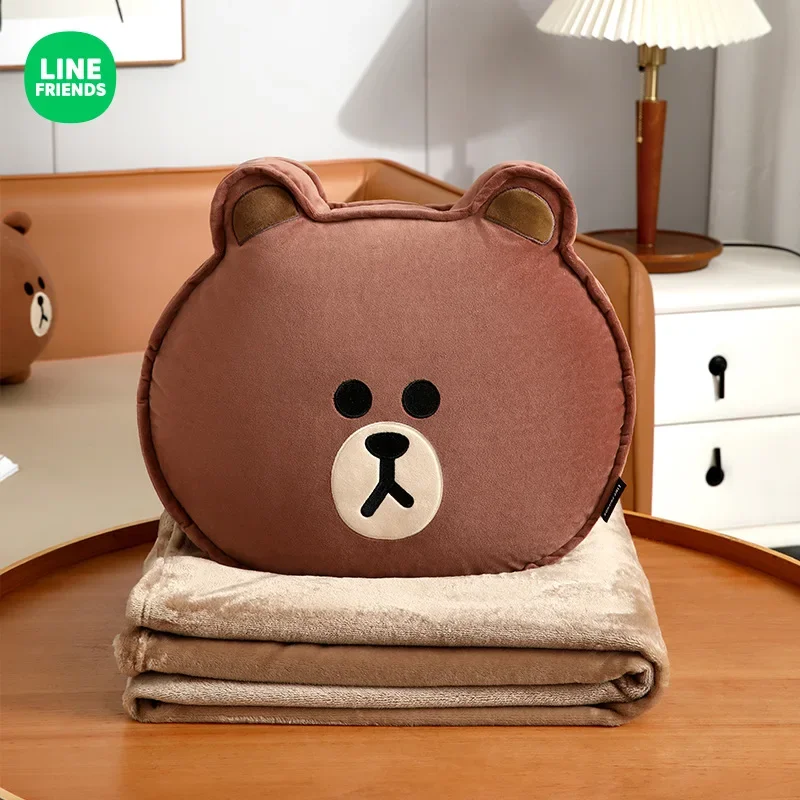 Brown LINE FRIENDS Cartoon Pillow Quilt Dual Purpose Thickened Winter Blanket Choco Office Nap Car Plush Cushion Halloween Gift