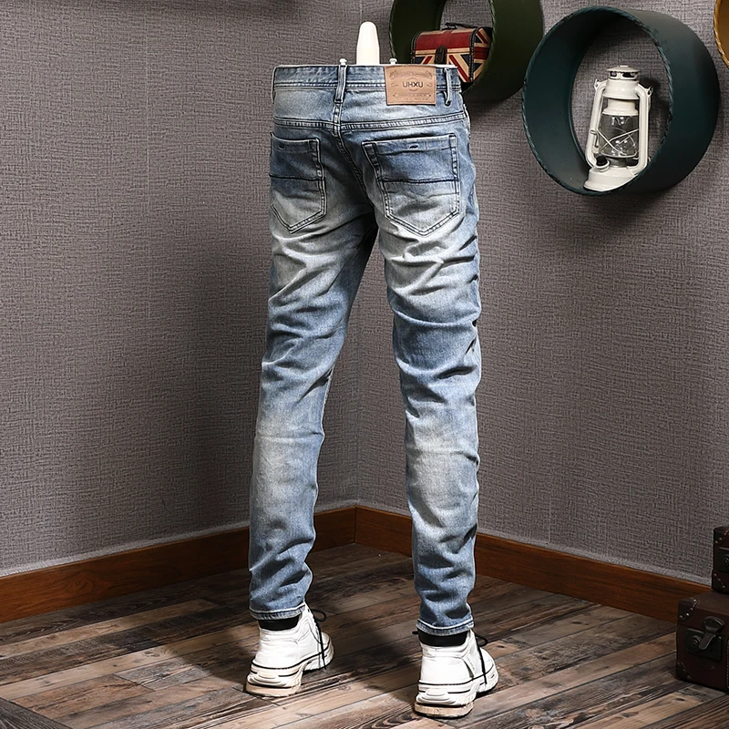 Italian Style Fashion Men Jeans High Quality Retro Blue Elastic Slim Fit Ripped Jeans Men Vintage Designer Denim Pants Hombre
