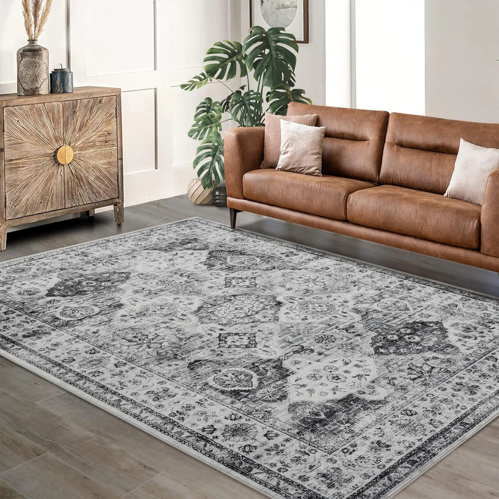 Vintage Washable Area Rug – Distressed Floral Print, Non-Slip Thin Collapsible Carpet for Living Room, Bedroom, Kitchen, Office – Vintage Accent Mat, Easy Care, Indoor Entryway – Gray & Beige, 5x7ft