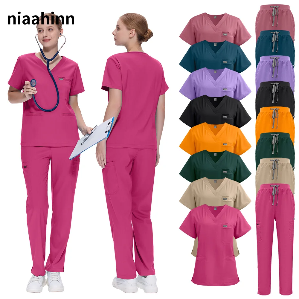 

Solid Color Nursing Work Clothes Scrubs Set Beauty Salon Spa Uniforms Pet Hospital Doctor Suit Women Lab Uniform Dentist Clothes