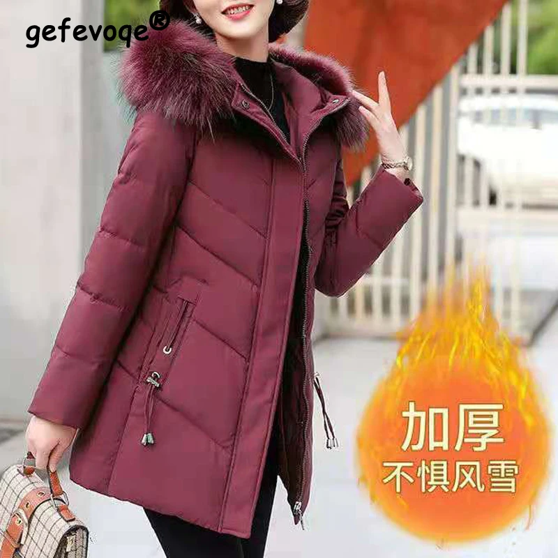 Women Korean Fashion Fur Collar Down Cotton Quilted Coat Winter Ladies Solid Long Sleeve Warm Padded Parkas Loose Hooded Jackets