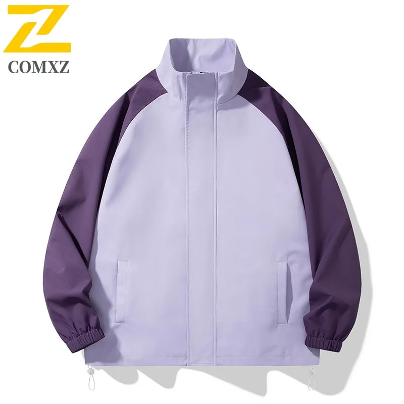 

COMXZ 2024 Mens Color Block Stand Collar Jacket Autumn Loose Fit Windproof Coat Outdoor Casual Trendy Lightweight Outerwear