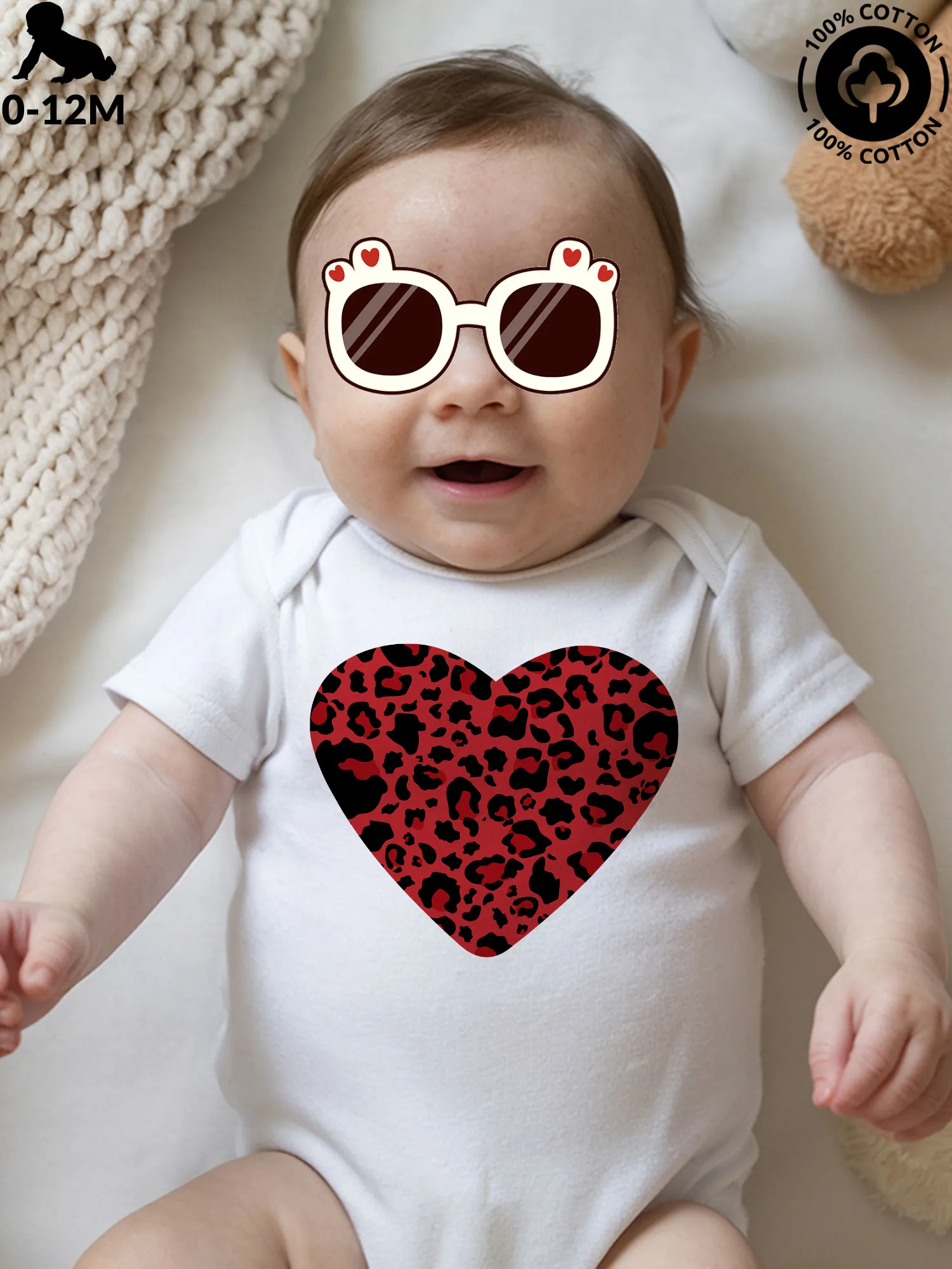 

Leopard Heart Unisex Baby Crawling Suit, Pure Cotton Soft Onesie, All-Season Wear White Bodysuit 190GSM