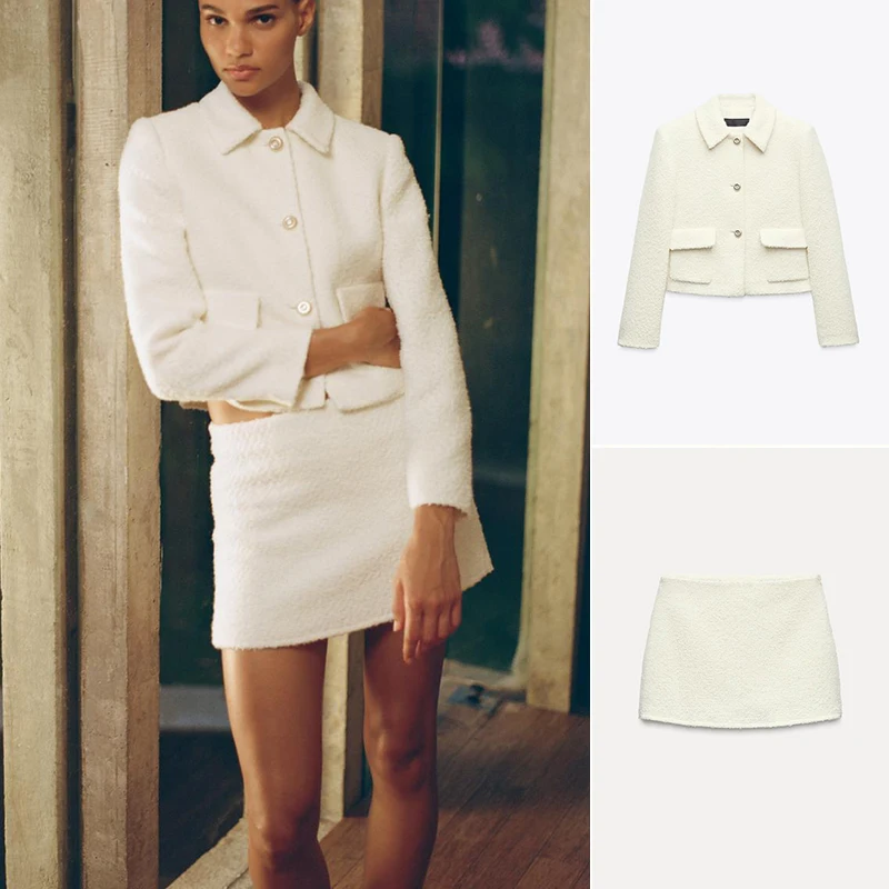 Modernes Flip-Kragen-Perlen-Wollmantel-Set, lässiges Rock-Hosen-Set mit hoher Taille, neues Frühlings-Damen-Faion-Ensemble, Button-Up-Design