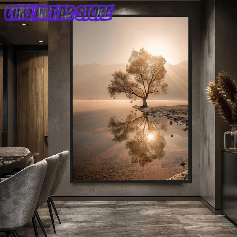Lone Tree and Its Reflection At Sunset Landscape Poster and Prints Canvas Painting Wall Art Pictures Home Decor Cuadros