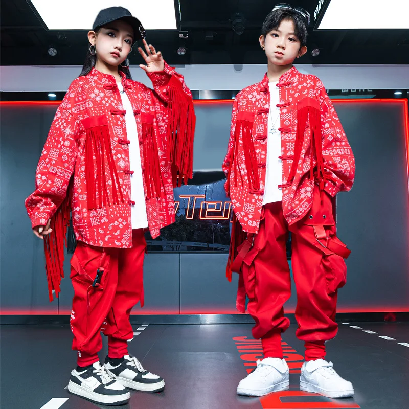 

Red Top Pants Hip Hop Jazz Dance Costumes Boys Street Dance Clothing Stage Dancing Outfits Kids Clothes Long Sleeve Children