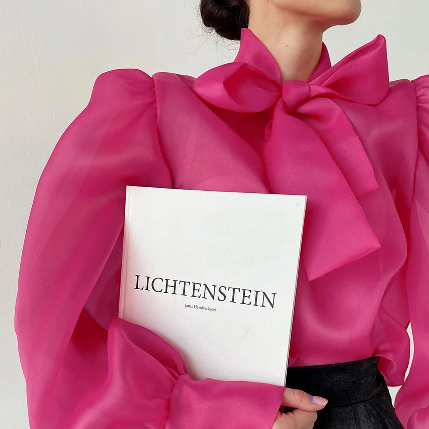 Femmes voir à travers la chemise Blouse manches bouffantes nœud à lacets col élégant doux Chic en mousseline de soie décontracté Streetwear Blouse haut 2025
