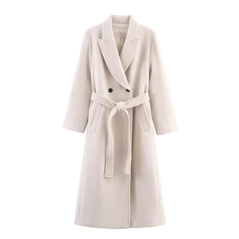 

Women Long Wool Coat with Belt Casual Turn Down Collar Long Sleeve Double-Breasted Outerwear Female Chic Overcoat