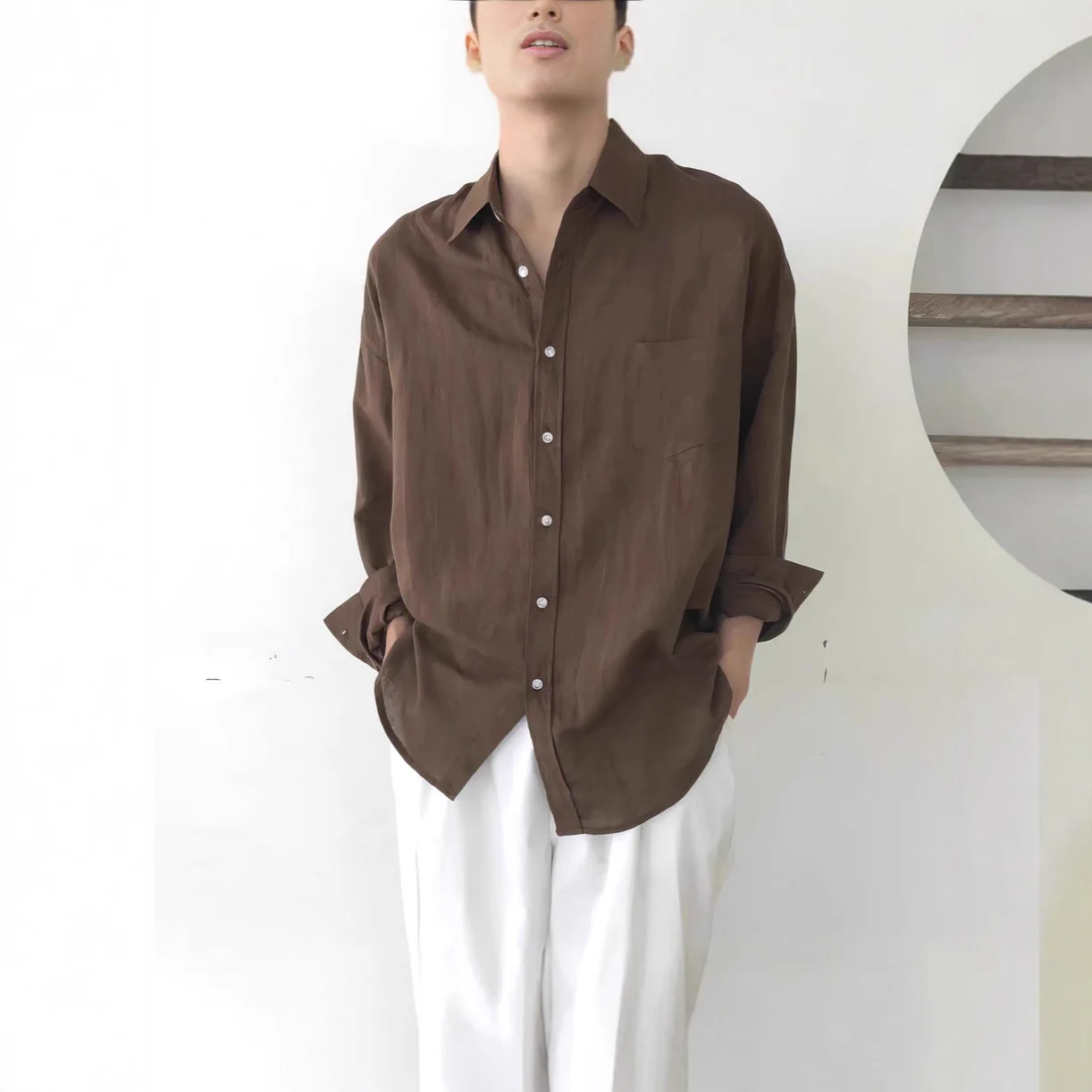 Brown Linen Pocket Loose Long Sleeve Shirt Men's Casual Sun Protection Top