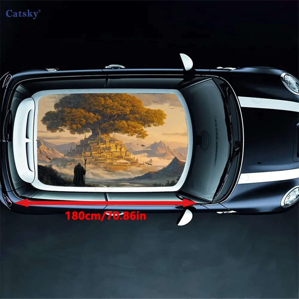 Traveler Before the Giant Tree Castle PVC material self-adhesive waterproof car roof sticker, paste firm and anti-ultraviolet, w