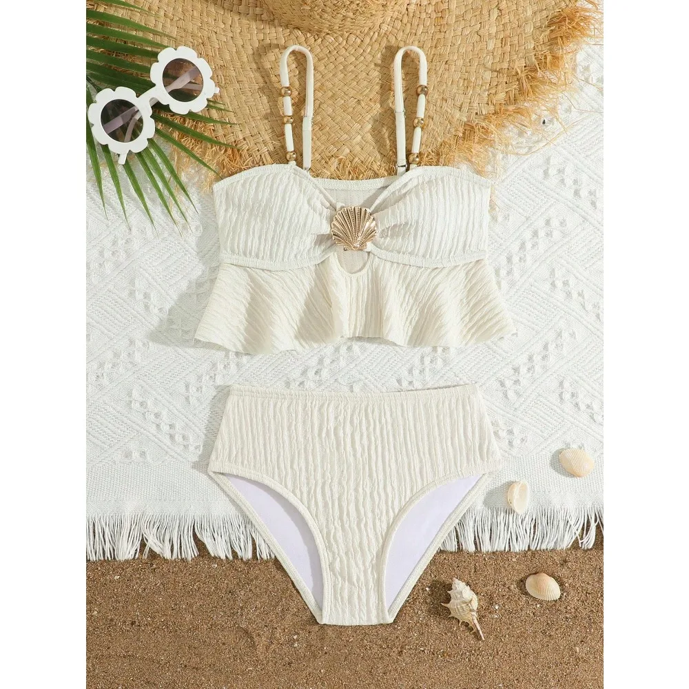 

Little Girls Bikini High Waisted Swimsuit Kids Ruffle Children's Swimwear 4-7 Years Seashells Bathing Suit Girl White Beachwear
