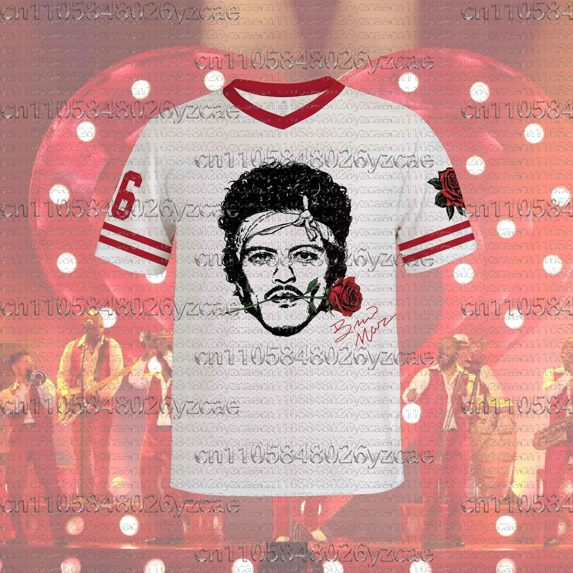 Bruno Mars The Romantic Tour 2026 Nummeriertes Fußballtrikot mit Vintage-Rose-Grafik, Kurzarm-Retro-Konzert-Oberteil für Erwachsene – Detail 6