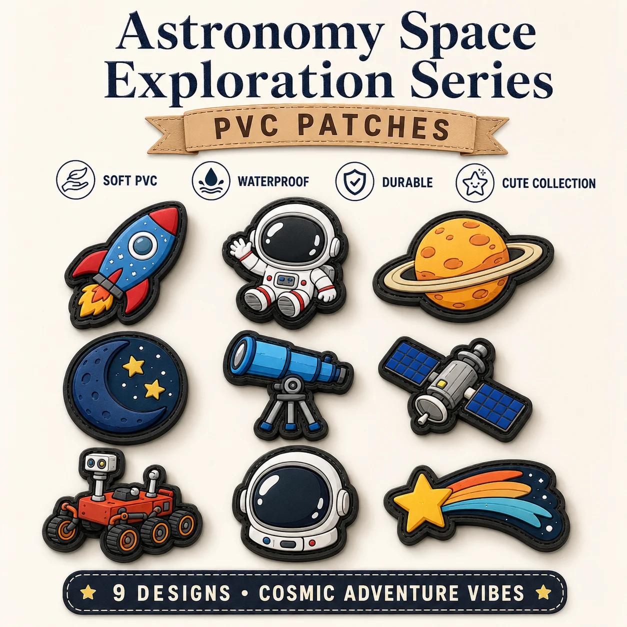 Custom Astronomy Space PVC Patches Rocket Astronaut Planet Telescope Satellite Soft Rubber Hook and Loop for Bags Jackets Hats