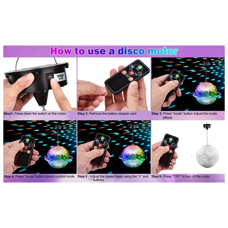 Lampu Motor bola disko, dengan Remote, 3-15rpm Spinner dapat disesuaikan 18LED untuk 8 10 12 16 20 24 inci Motor bola cermin tugas