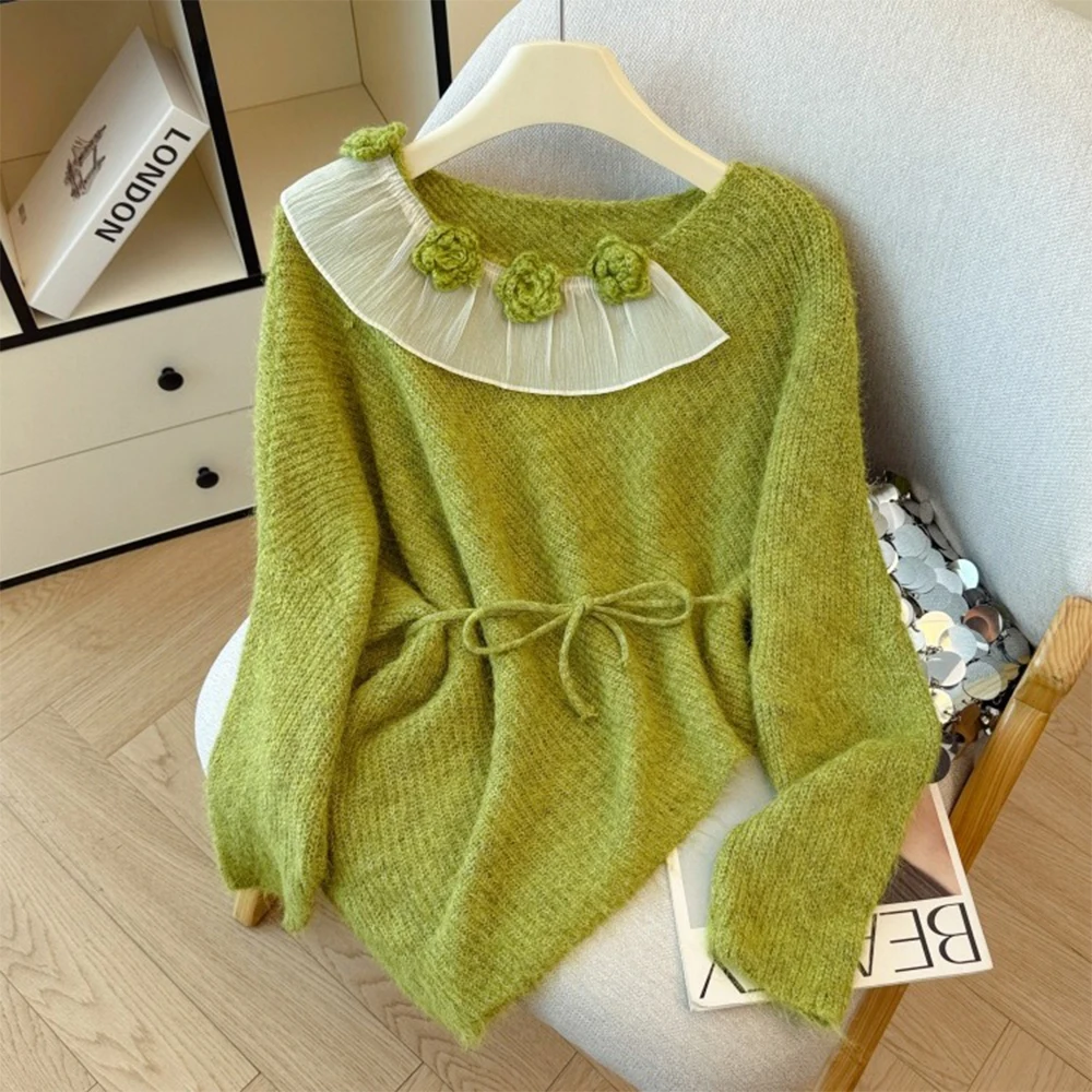 

Женский зеленый вязаный свитер с 3D цветочным принтом, винтажный джемпер 2000-х годов, вязаный корейский кашемировый свитер с длинными рукавами для женщин, осень-зима 2025