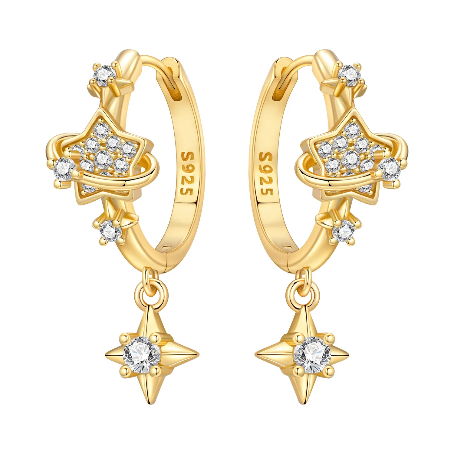 

PANPOKI 925 Sterling Silver Golden Sparkling Stars Drop Earrings Women Earrings Charm Fashion Versatile Party Jewelry Gifts