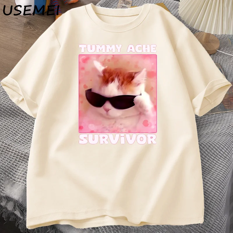 Tummy Ache Survivor Funny Cat Meme T-shirt Men Women Silly Stupid Cat Tee Shirt Men\'s Short Sleeve T Shirts Cotton Oversized Top