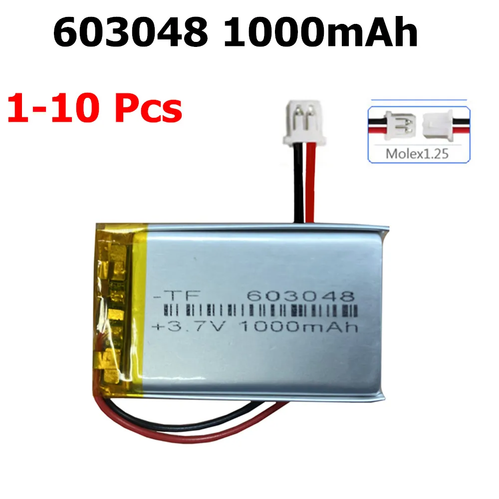 1-10pcs 603048 3.7V 1000mAh Lithium Polymer LiPo Rechargeable Battery  JST 1.25mm 2pin Connector GBA SP 603050 MP3 GPS E-books