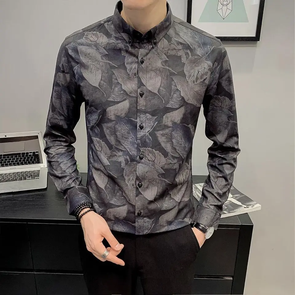 

Мужская рубашка с длинным рукавом, Новое поступление, весенне-осенний повседневный топ, облегающая универсальная блузка с принтом в корейском стиле для мужчин