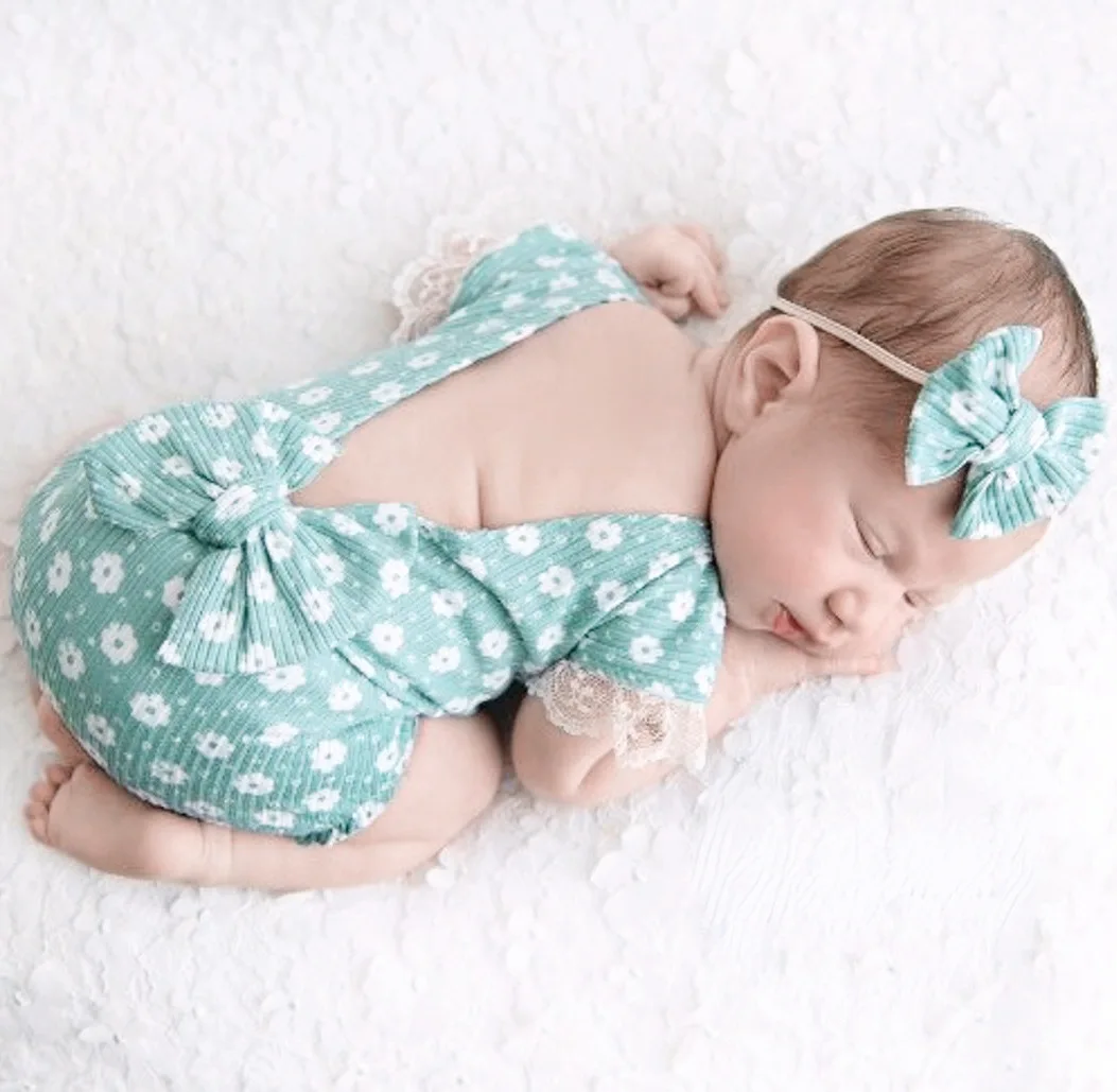 Newborn Lace Flying Sleeve Printed Photography Hat Clothes Butterfly Bow Hairband Set Two Piece Set 아기 코스프레  신생아사진소품