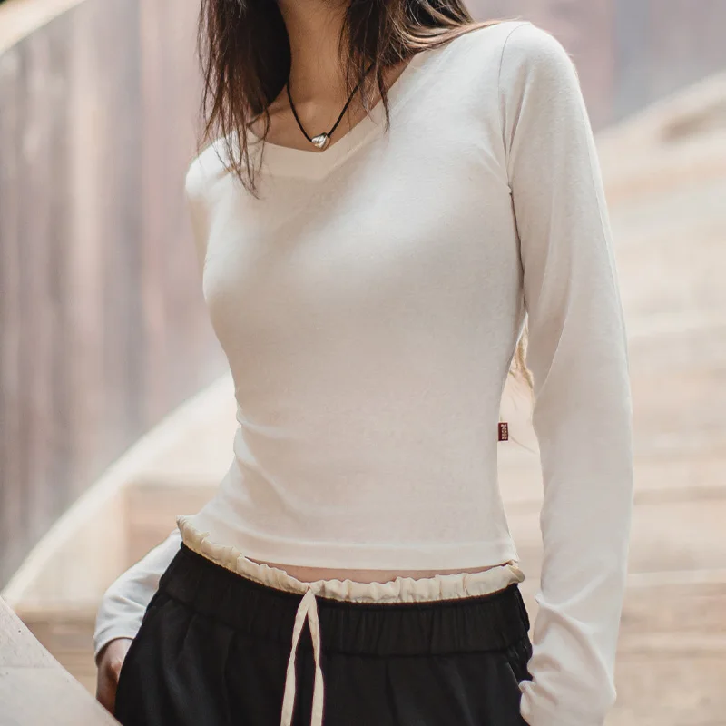 Maden Damen-T-Shirt mit V-Ausschnitt, schmale Passform, Baumwollstrick, langärmelig, Herbst-Winter-Layering-T-Shirt, Basic-Innenpullover