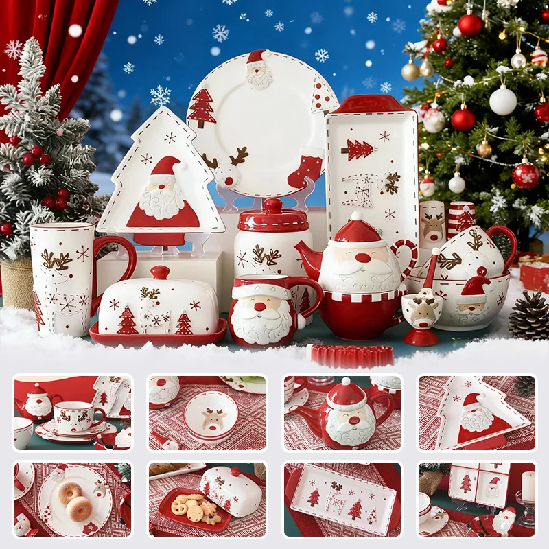 1PC Nordic Christmas Ceramic Dinnerware Santa Reindeer Design Plate Bowl Mug Teapot Butter Dish Christmas Tableware Decoration