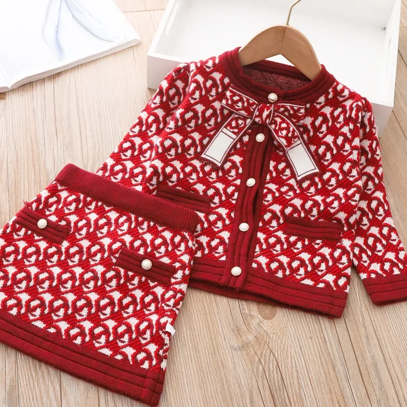 Girls Luxury 2Pcs Knitting Sets Princess Classic New Clothes Winter Sweater Skirt Birthday Uniform for 1-8Years ChildrenSuits