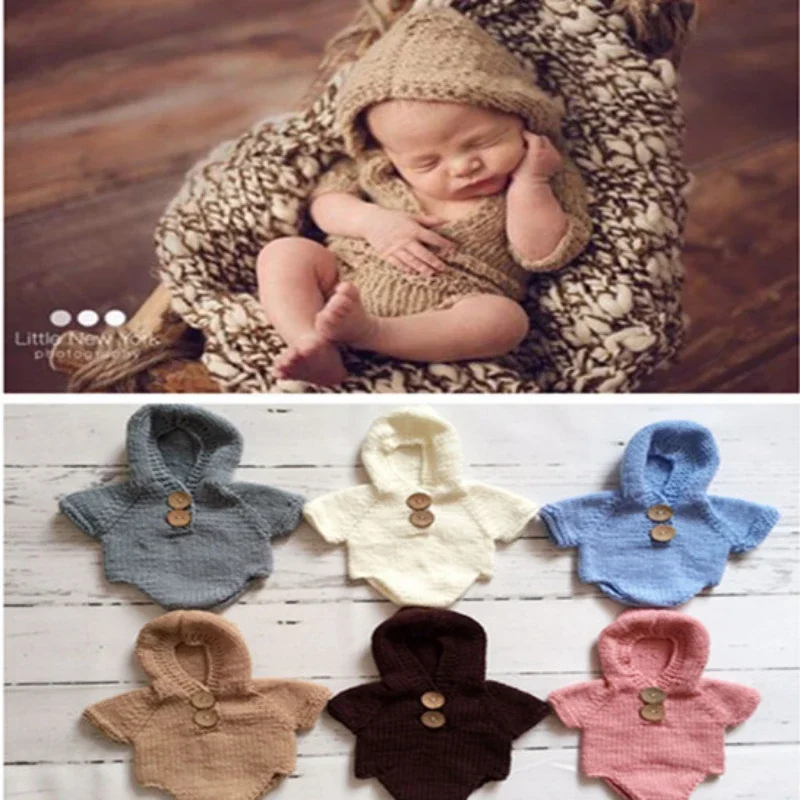 Macacão artesanal de malha infantil, roupas e chapéu, adereços de fotografia, Baby Studio, suéter para recém-nascido