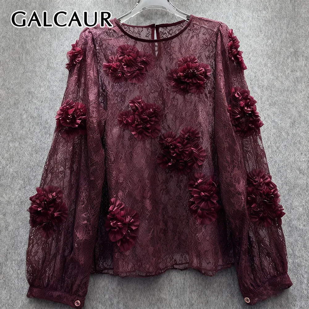

GALCAUR Solid Spliced Flowers Basics Shirt Female O Neck Long Sleeve Loose Sheer Sexy Women's Shirts Autumn Fashion Style New