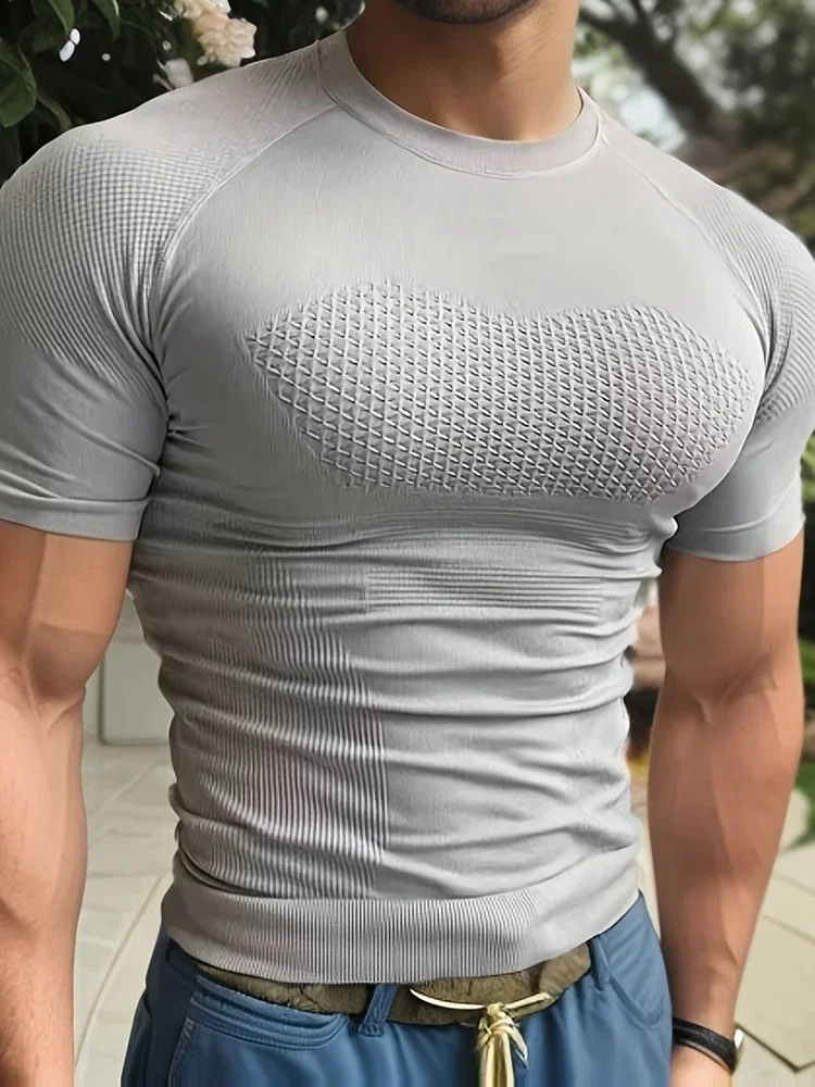 Zomer Mannen Compressie Gym Running T-shirt Ademend T-shirt met korte mouwen Man Casual Tops Naadloze Fitness Shirts Man Kleding - afbeelding 2