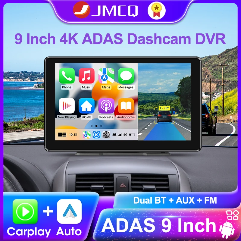 

JMCQ 9" 4K Dash Cam ADAS Wireless Carplay & Android Auto Car DVR 5G WiFi GPS Navigation Rearview Camera Dashboard Video Recorder