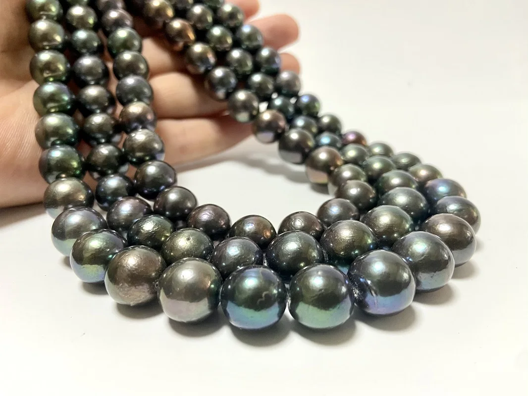 Classic Pearls Necklace for Women 11-14mm Round Black Peacock Pearls Jewelry Bright Light Less Flaw (Free Clasp)