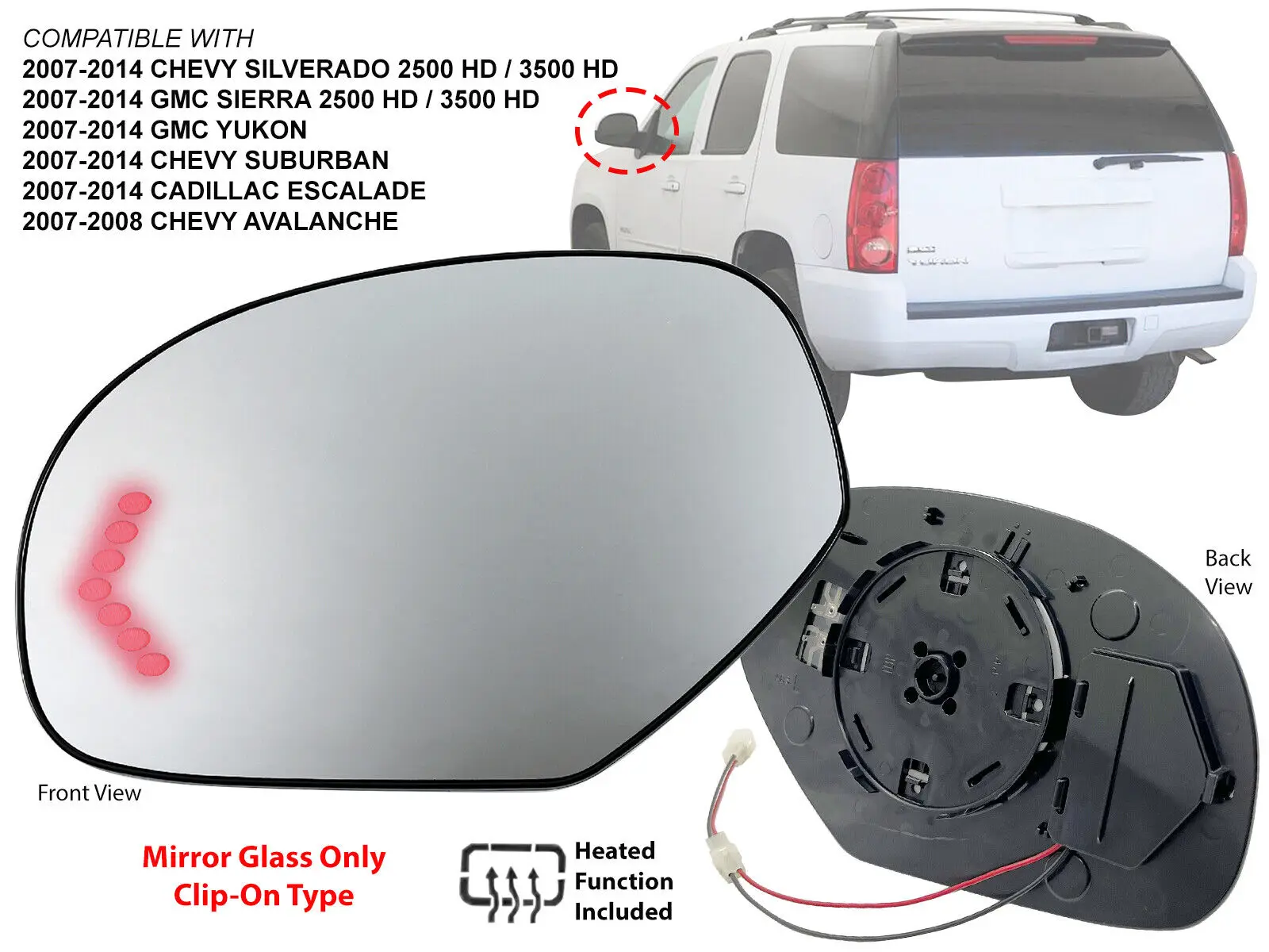 

For Mirror Glass with Signal Heated 2007-14 SILVERADO TAHOE SUBURBAN Driver Side