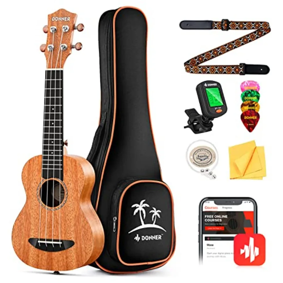 

Beginner Concert Ukulele in Mahogany with Free Online Lessons 23 Inch Includes Gig Bag Strap Nylon Strings Tuner Picks Cloth DU