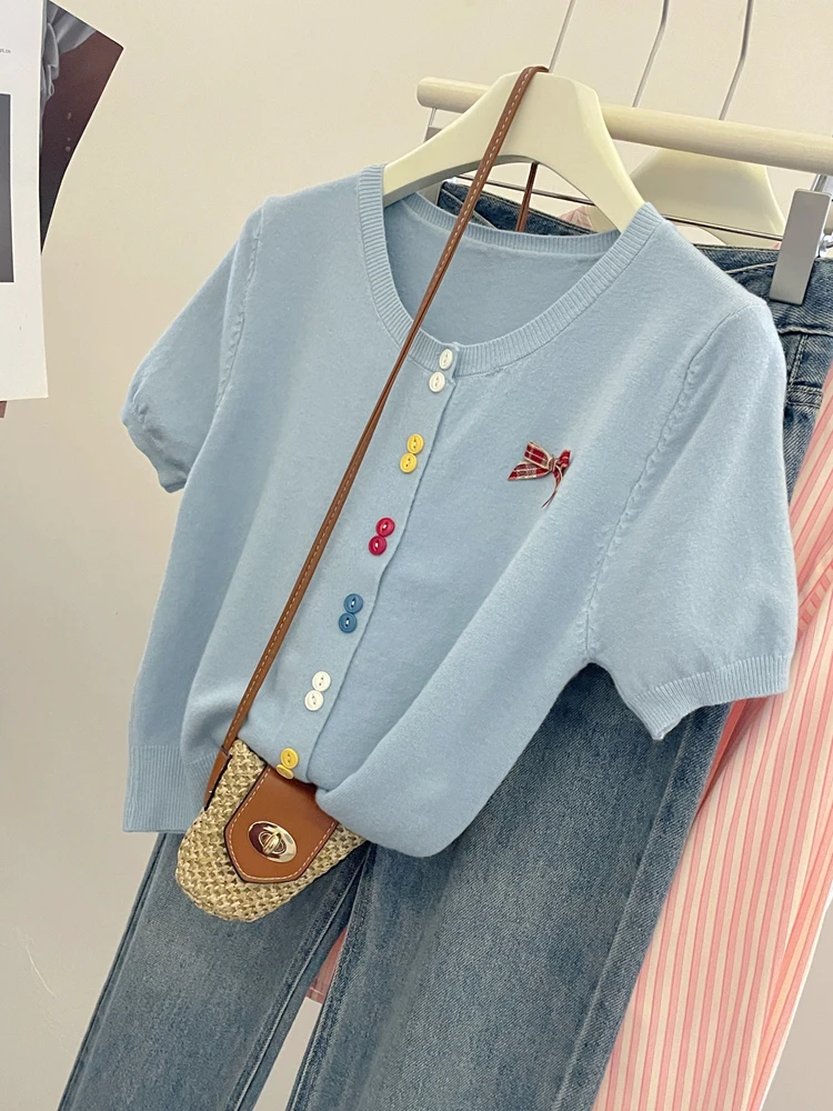 

Свободный вязаный кардиган с коротким рукавом для женщин, летний, модный, с декоративными узлами, повседневный, с круглым вырезом, антивозрастной эффект