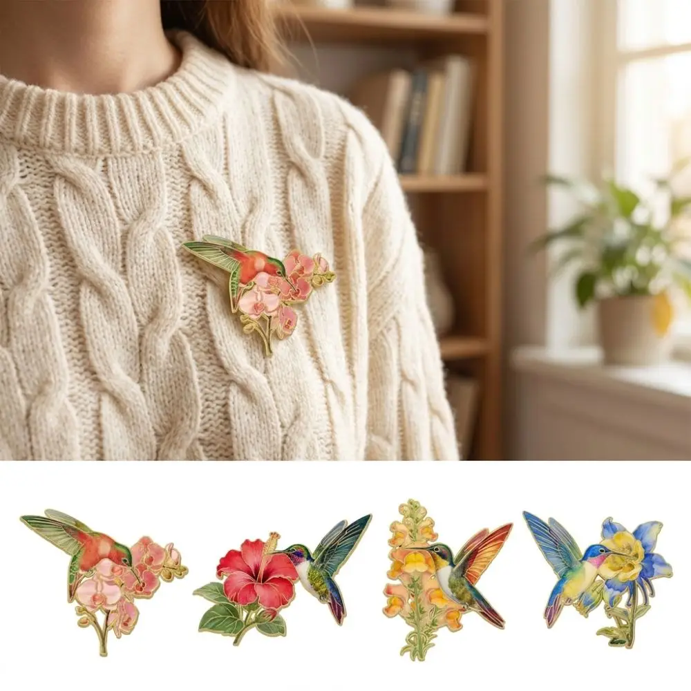 Zinc Alloy Hummingbird Flower Enamel Pin Chinese Style Colorful Animal Lapel Pins Gold Trim Delicate Luxury Bird Badges