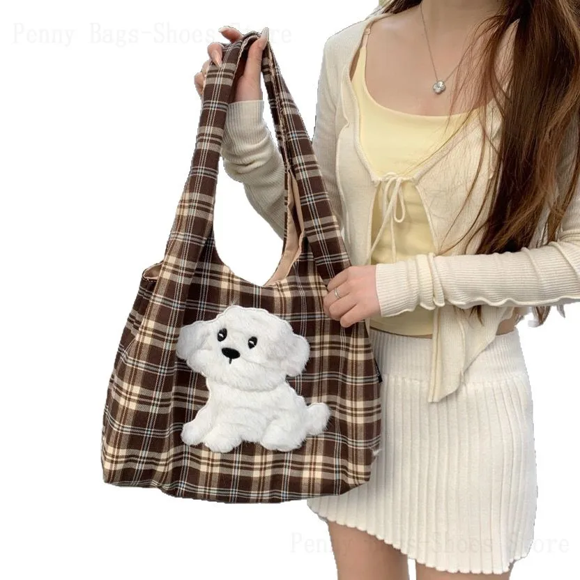 2025 Autumn and Winter Fashion Plush Cartoon Bear Plaid Vest Bag Student Large Capacity Canvas Girly Casual Shoulder Bag - view 5
