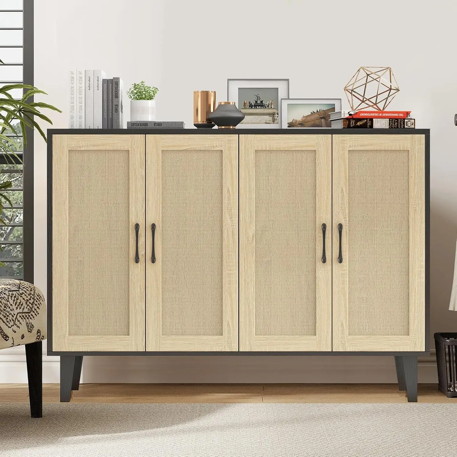 Black Rattan - Decorating Buffet Storage Cabinet with 4 Doors, 48.43 x 34.65 x 15 inch, Suitable for Living Room and Kitchen