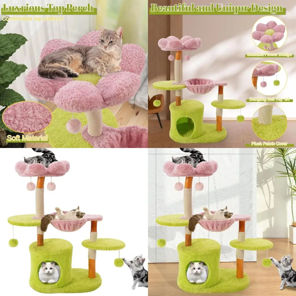 

Зеленая деревянная комнатная башня для кошек с альпинистским, царапинами, гамаком и цветочным дизайном