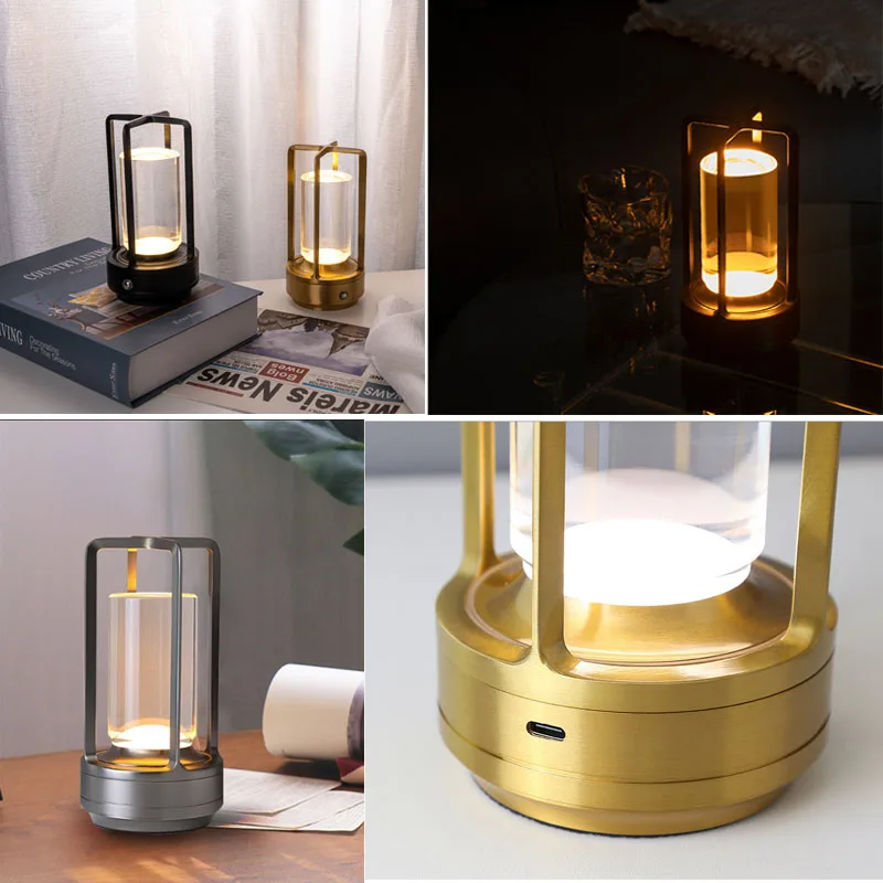 Candeeiro de Mesa LED com Escurecimento por Toque, USB Recarregável, Sem Fio, Bar Retro, Secretária, Restaurante, Iluminação de Jantar, Quarto, Decoração de Casa