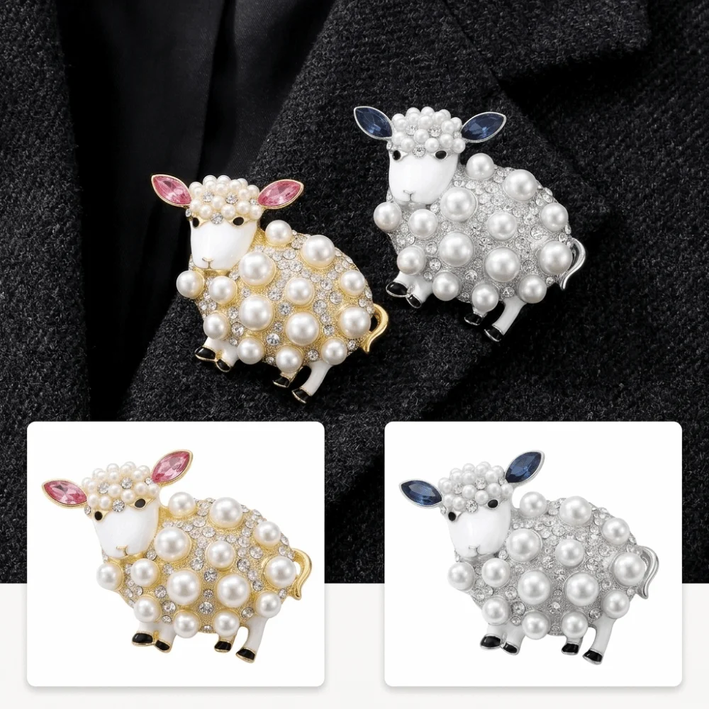 Pearl Sheep Brooch Rhinestone Creative Style Cardigan Closure Pin Cute Sheep Shape Versatile Coat Closure Pin