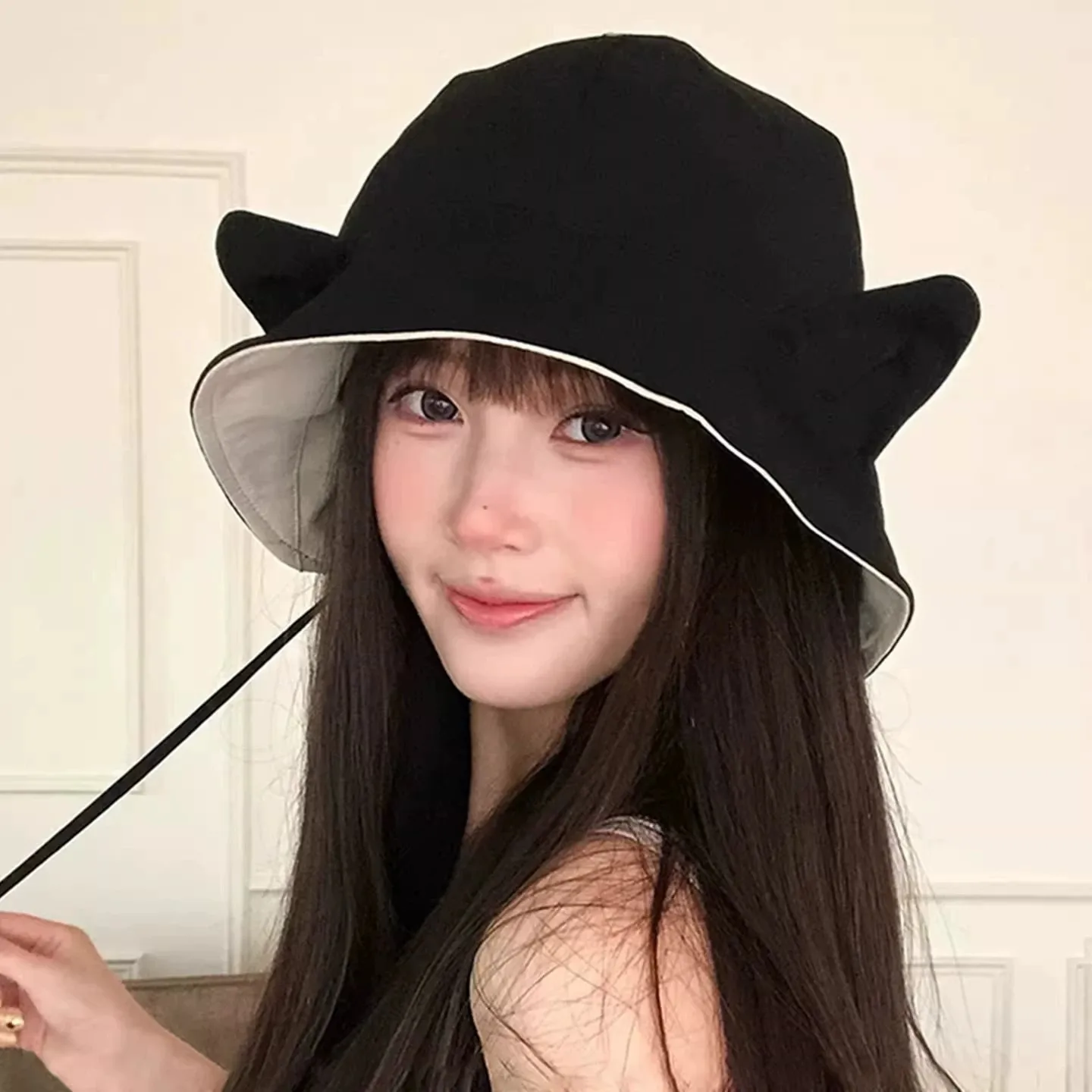 New Cute Cat Ear Bucket Hat Women Large Head Spring Summer Outdoor Casual Sun Cap
