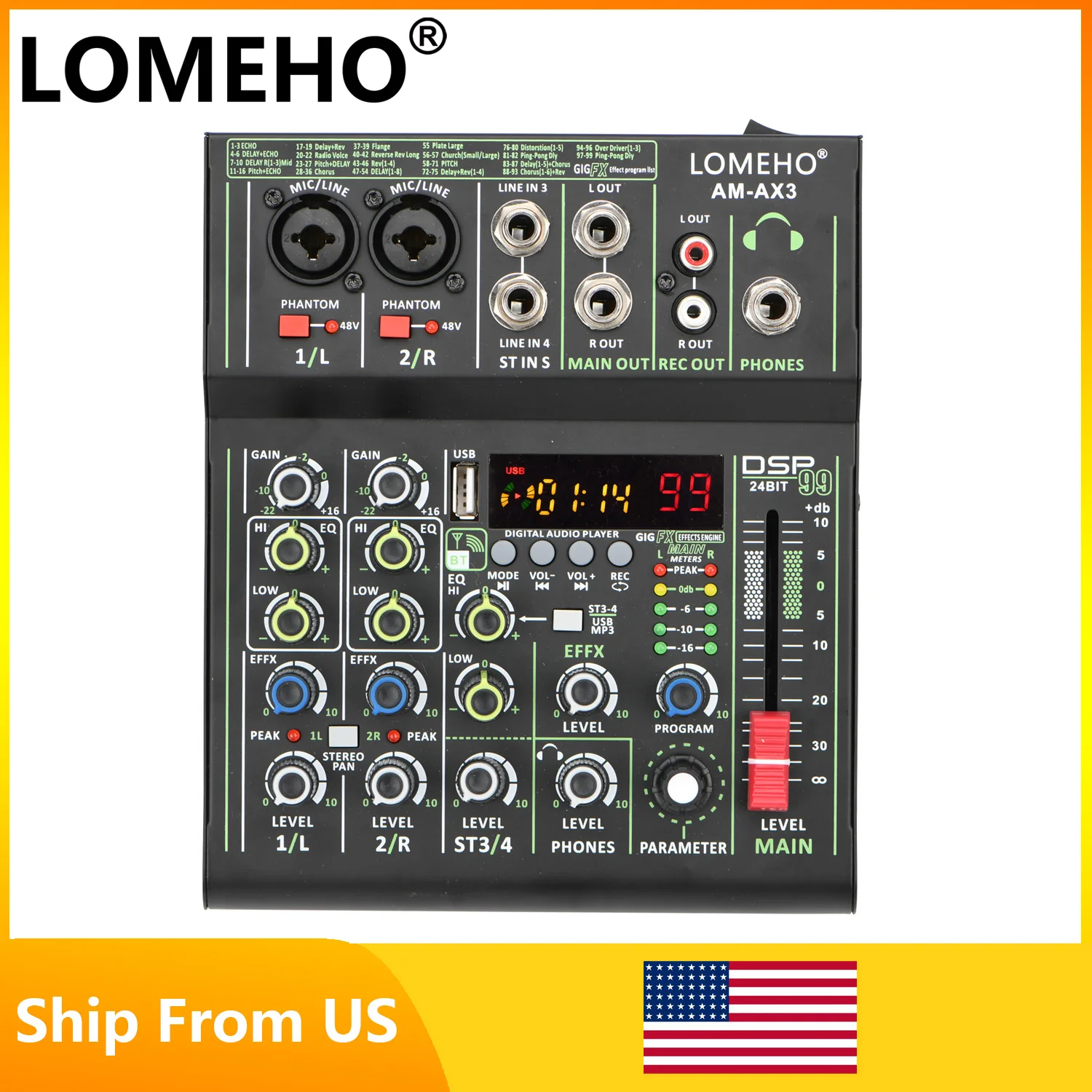 

LOMEHO 4 Channel Mini Audio Mixer 99 Digital Effect 48V Portable Sound Table Bluetooth USB PC Play Record Mixing Console AM-AX3