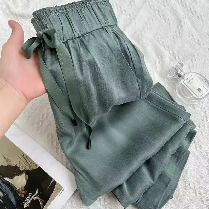 

Acetic Acid Ice Silk Wide Leg Pants 2024 New Summer Thin Satin Casual Pants Women's High Waisted Straight Leg Pants Long Trouser