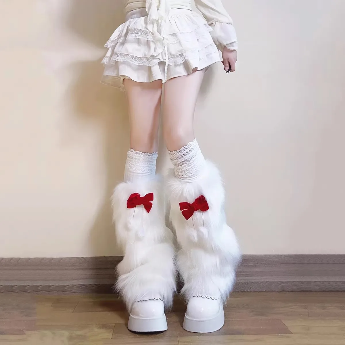 White Furry Leg Warmers Red Bow Lolita Fluffy Plush Leg Cuffs Christmas New Year Cosplay Kawaii Winter Leg Covers Women Party