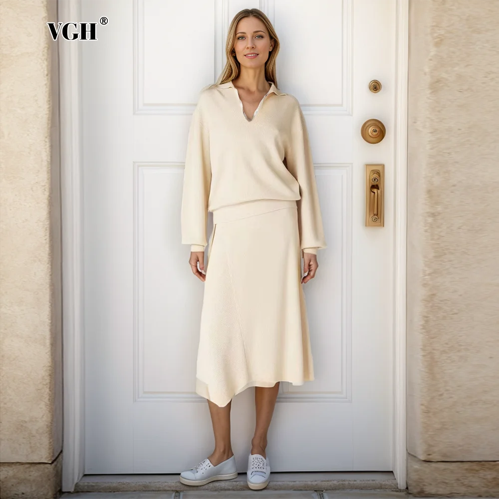 

VGH Casual Knitting Two Piece Sets For Women Lapel Long Sleeve Tops High Waist A Line Skirts Minimalist Slimming Set Female New