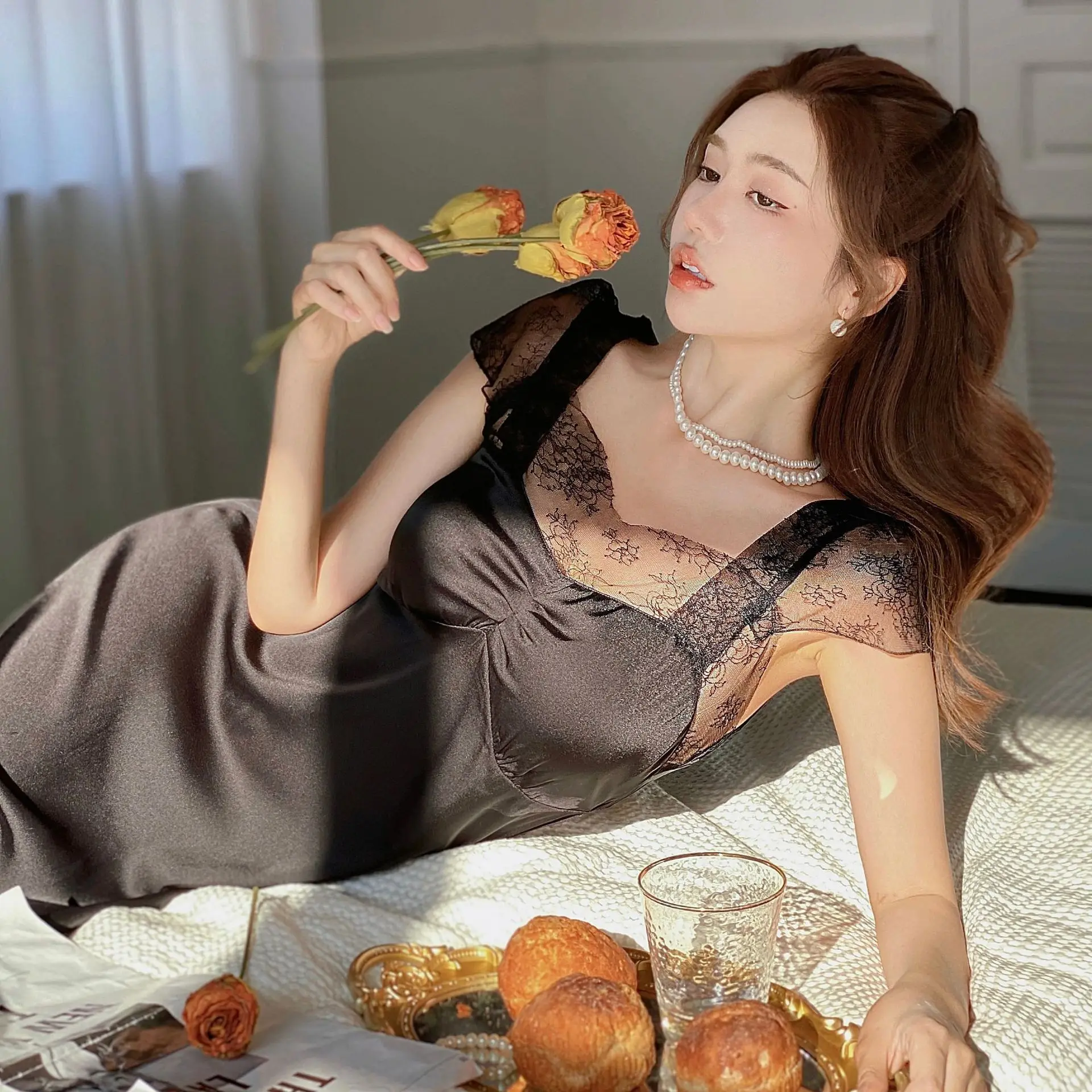 New Silk Satin Homedress Long Nightgown Lady Sexy Lace Sleepwear Spaghetti Strap Nightwear Casual Homewear Princess Sleepshirt