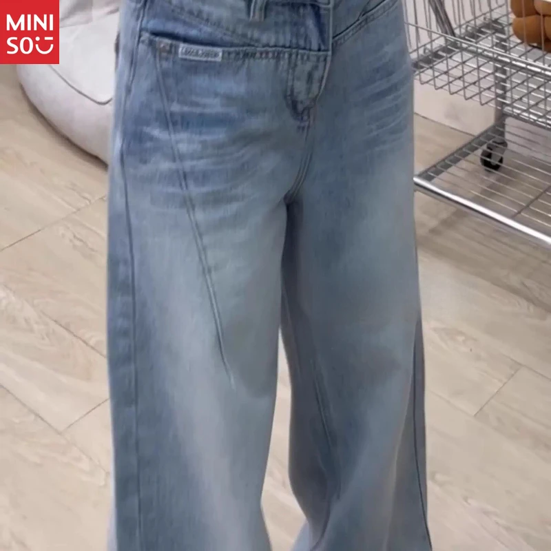 Celana Jeans Miniso Ukuran Besar Vintage Washed, Model Distressed Wide Leg 2025, Denim Gaya Jalanan Amerika