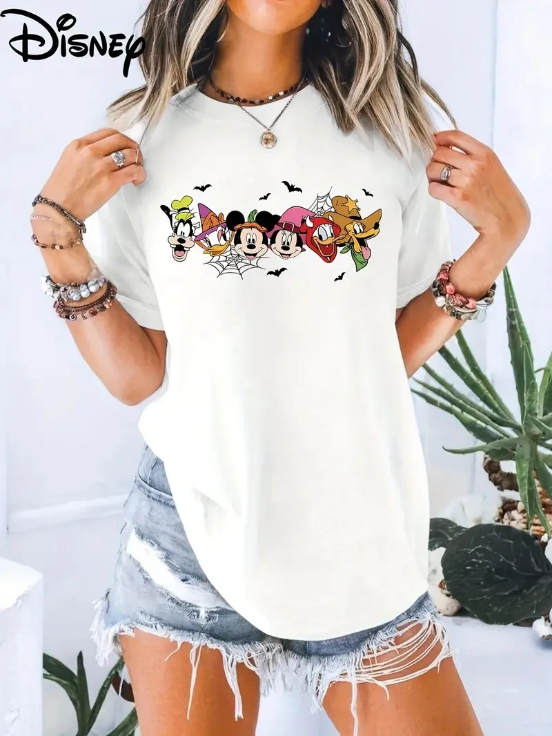 

2025 Disney Pattern Printed Women's Casual Comfortable Unique Smiling Face Black Round Neck Short Sleeve T-shirt